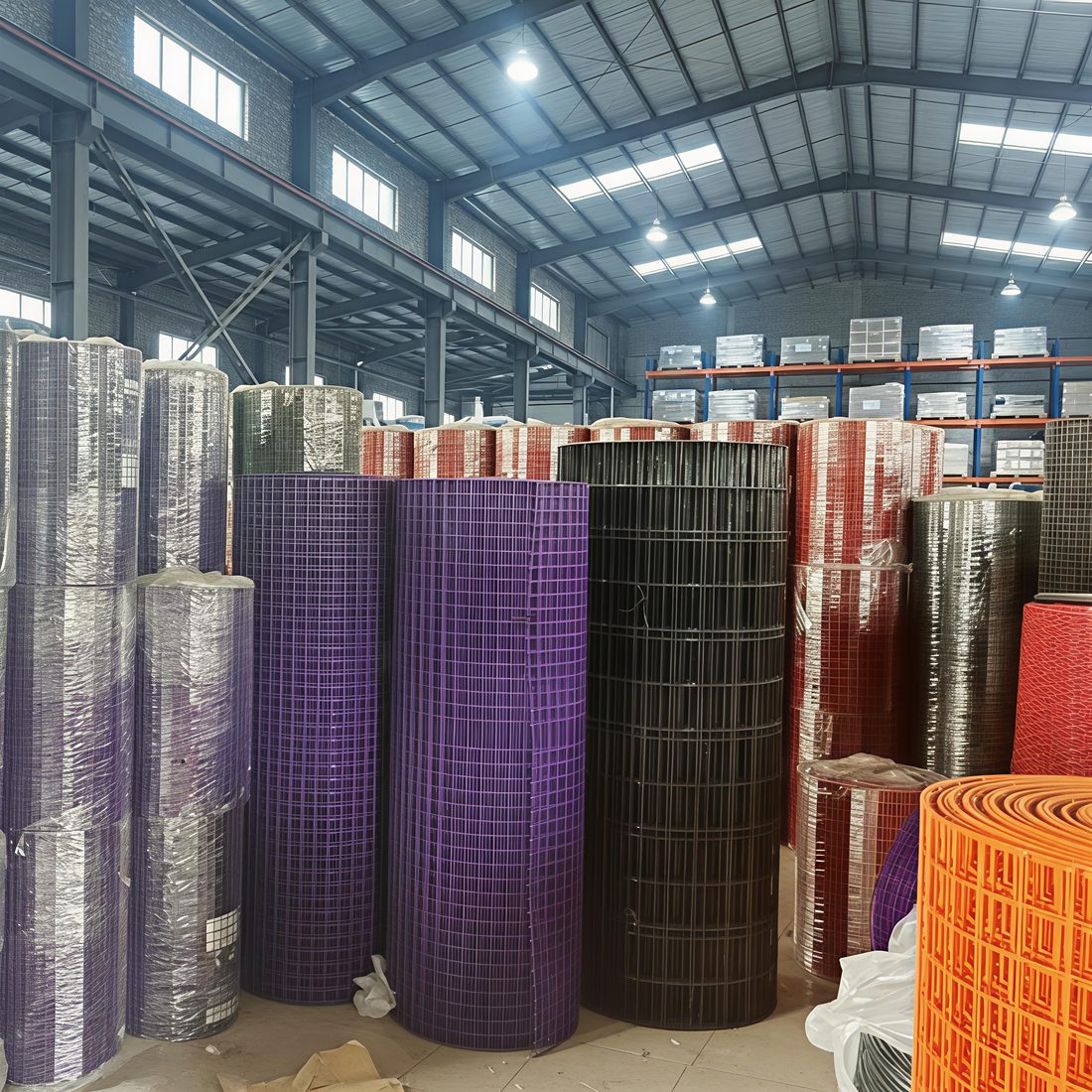 Inside the Hebei Flamingo factory: steel-framed workshop with pallet racks and stacked rolls of PVC-coated welded wire mesh