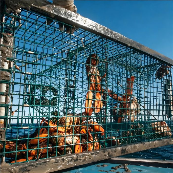 Wire mesh trap hauled aboard full of shrimp and catch