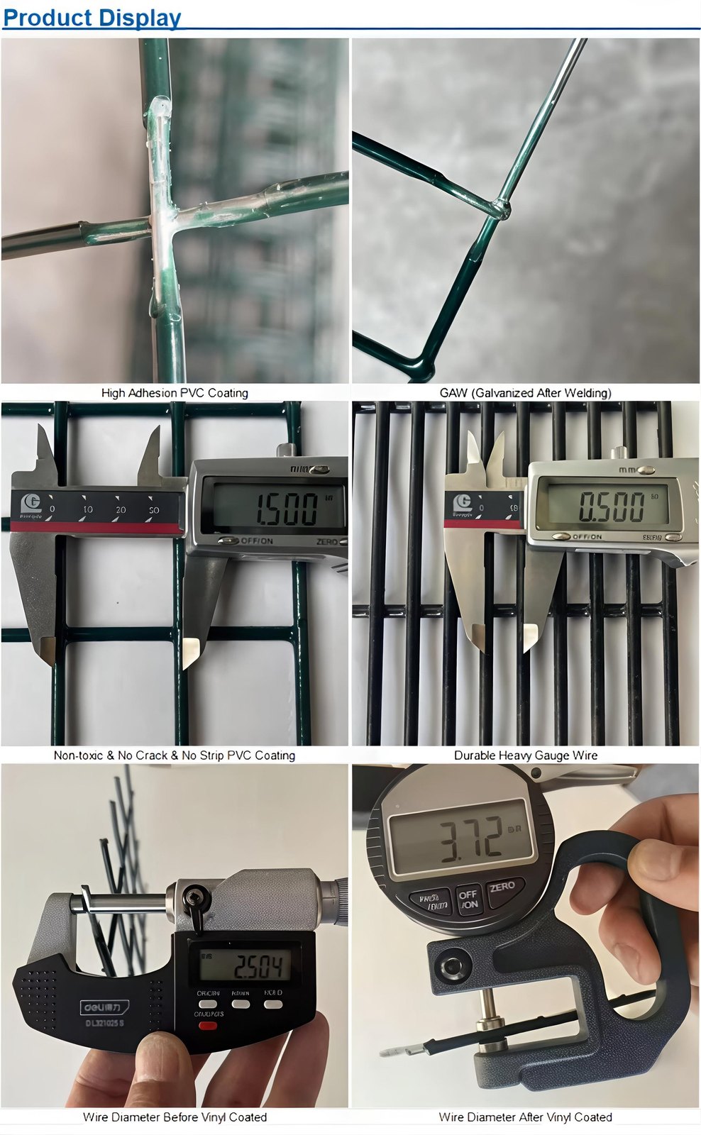 Product display photographs: high adhesion PVC coating, galvanized after welding, non-toxic coating that does not crack or strip, heavy gauge wire, and wire diameter measured before and after coating