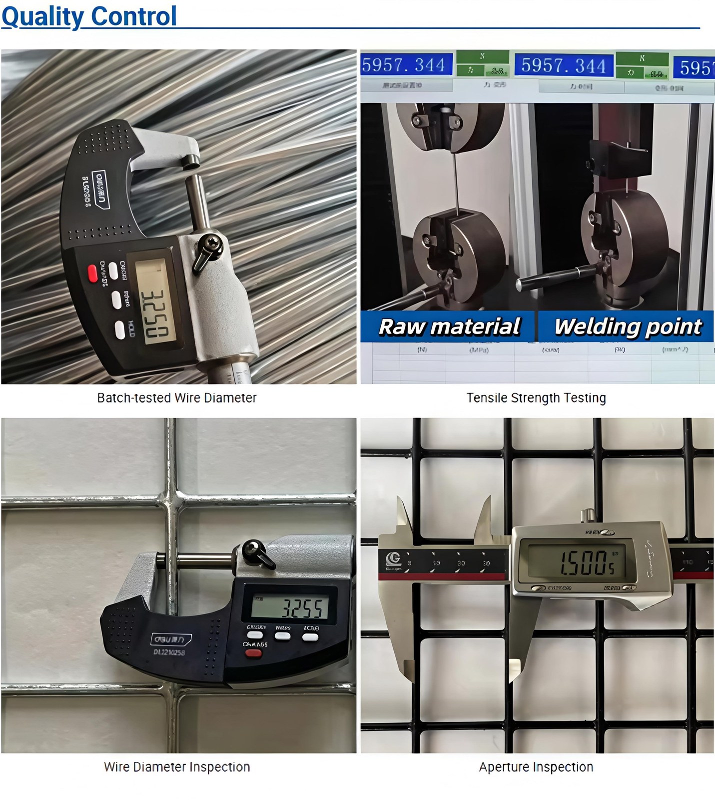 Quality control photographs: batch-tested wire diameter, tensile strength testing of raw material and weld points, wire diameter inspection and aperture inspection