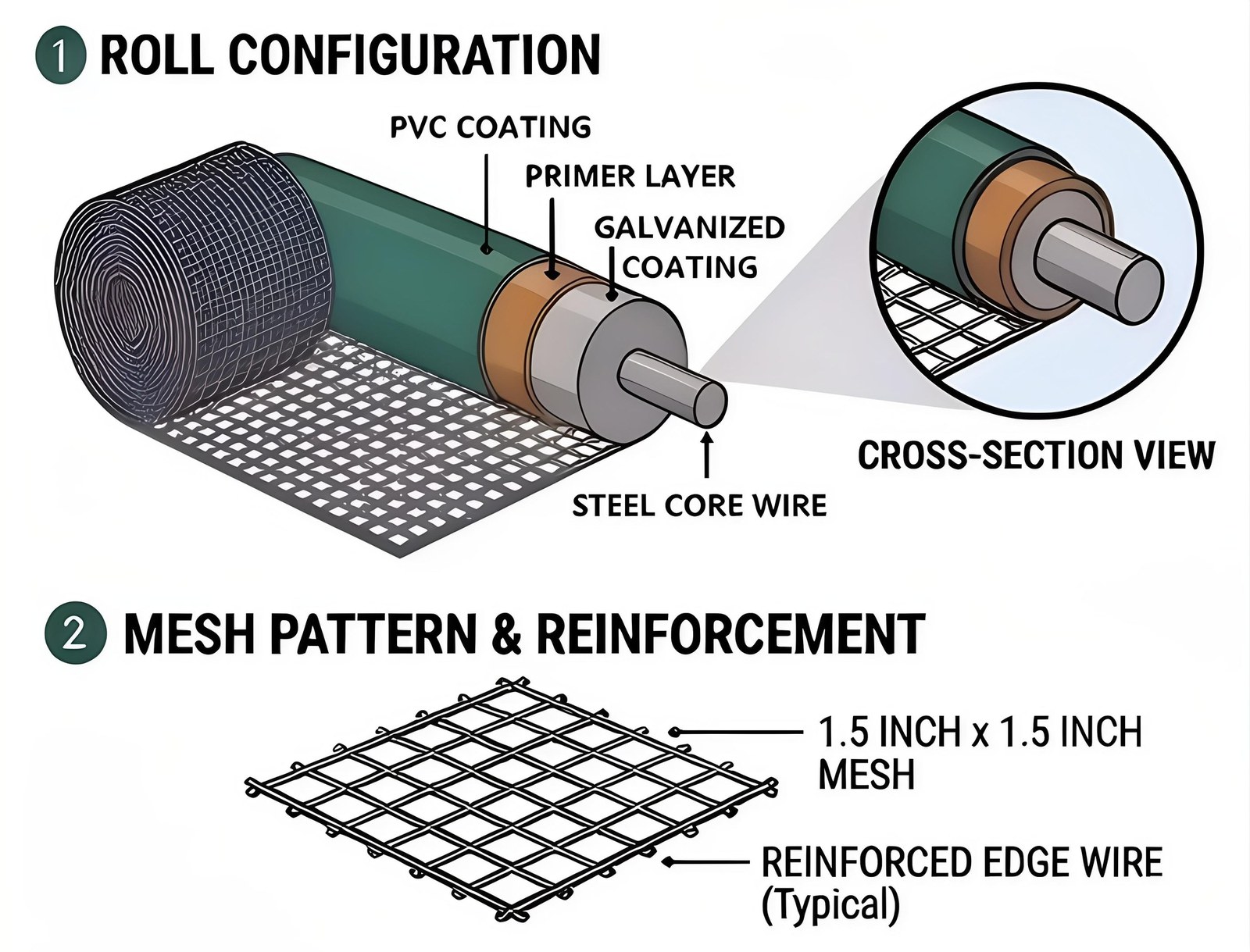 Technical drawing of the roll construction showing PVC coating, primer layer, galvanized coating and steel core wire, plus the mesh pattern with reinforced edge wire