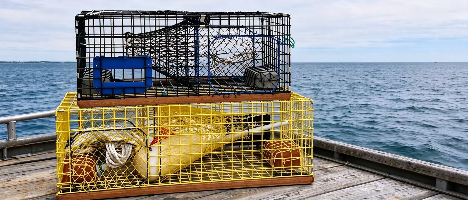 Wire mesh shrimp traps stacked on the wooden deck of a working boat, with the open sea behind them