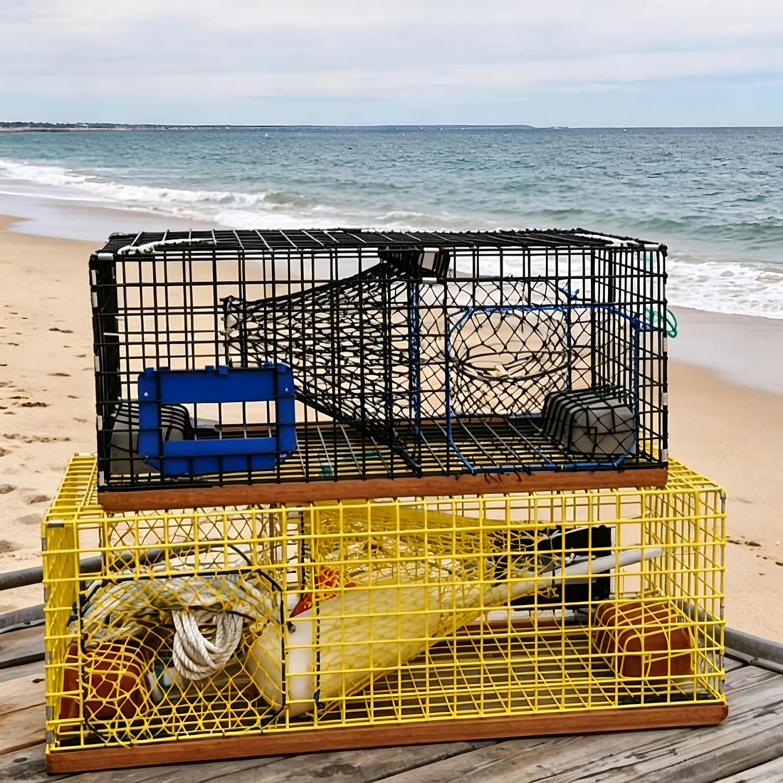 Two wire mesh shrimp traps stacked on a wooden deck beside the sea